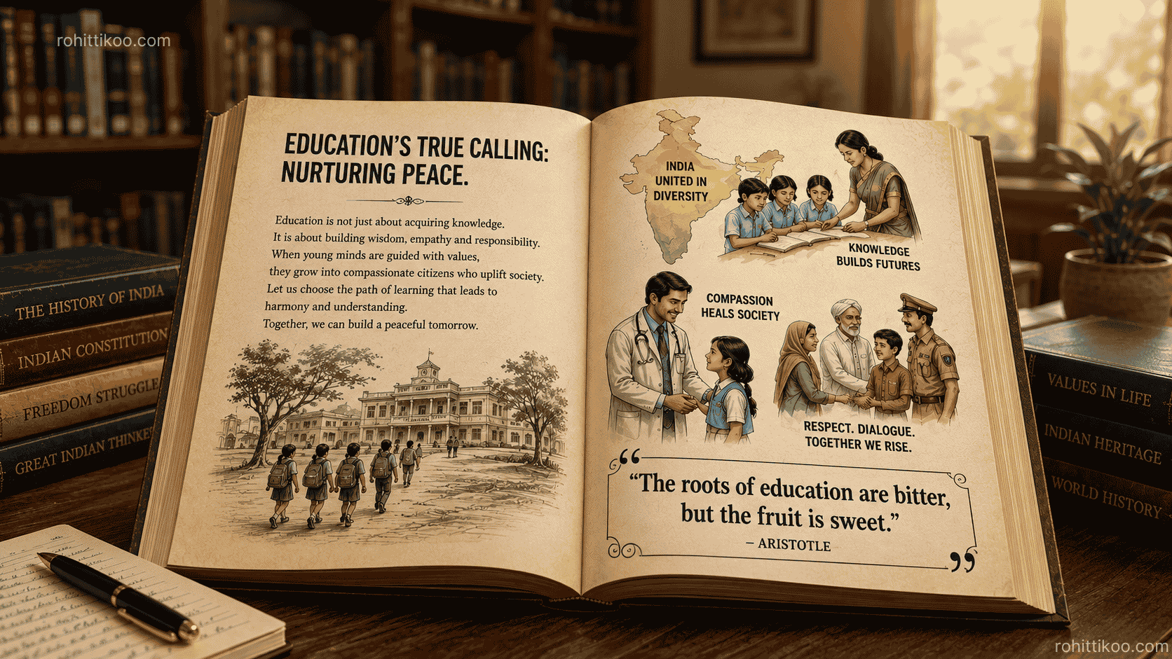 An open book in a peaceful library illustrating how education should promote compassion, critical thinking and responsible history rather than glorifying violence.