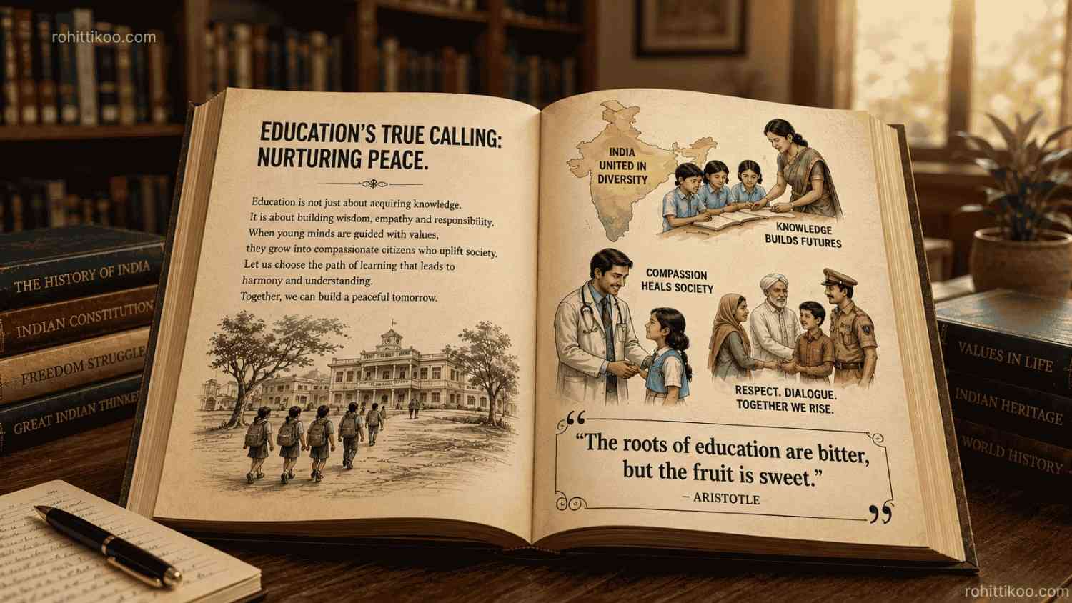 An open book in a peaceful library illustrating how education should promote compassion, critical thinking and responsible history rather than glorifying violence.