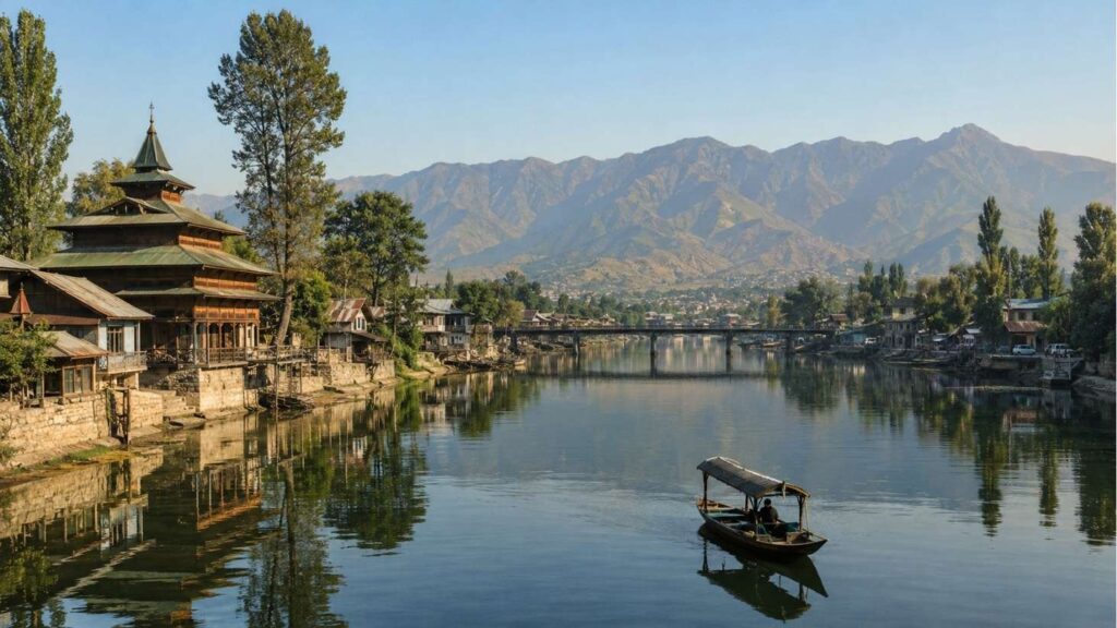 The Jhelum (Vitasta) River flowing through Srinagar, Kashmir, symbolising the valley's history, memory, and cultural heritage.