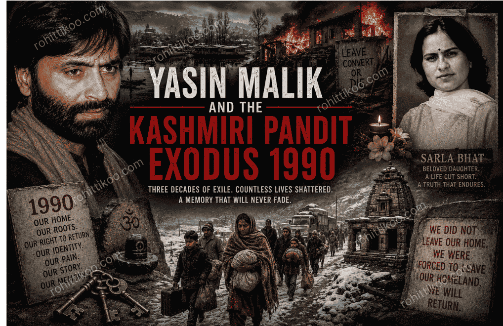 Feature image for the article Yasin Malik and the Kashmiri Pandit Exodus 1990, showing Yasin Malik alongside Sarla Bhat, with scenes of the 1990 Kashmiri Pandit exodus, abandoned homes, burning buildings, and symbolic imagery representing displacement, loss, and the search for justice.