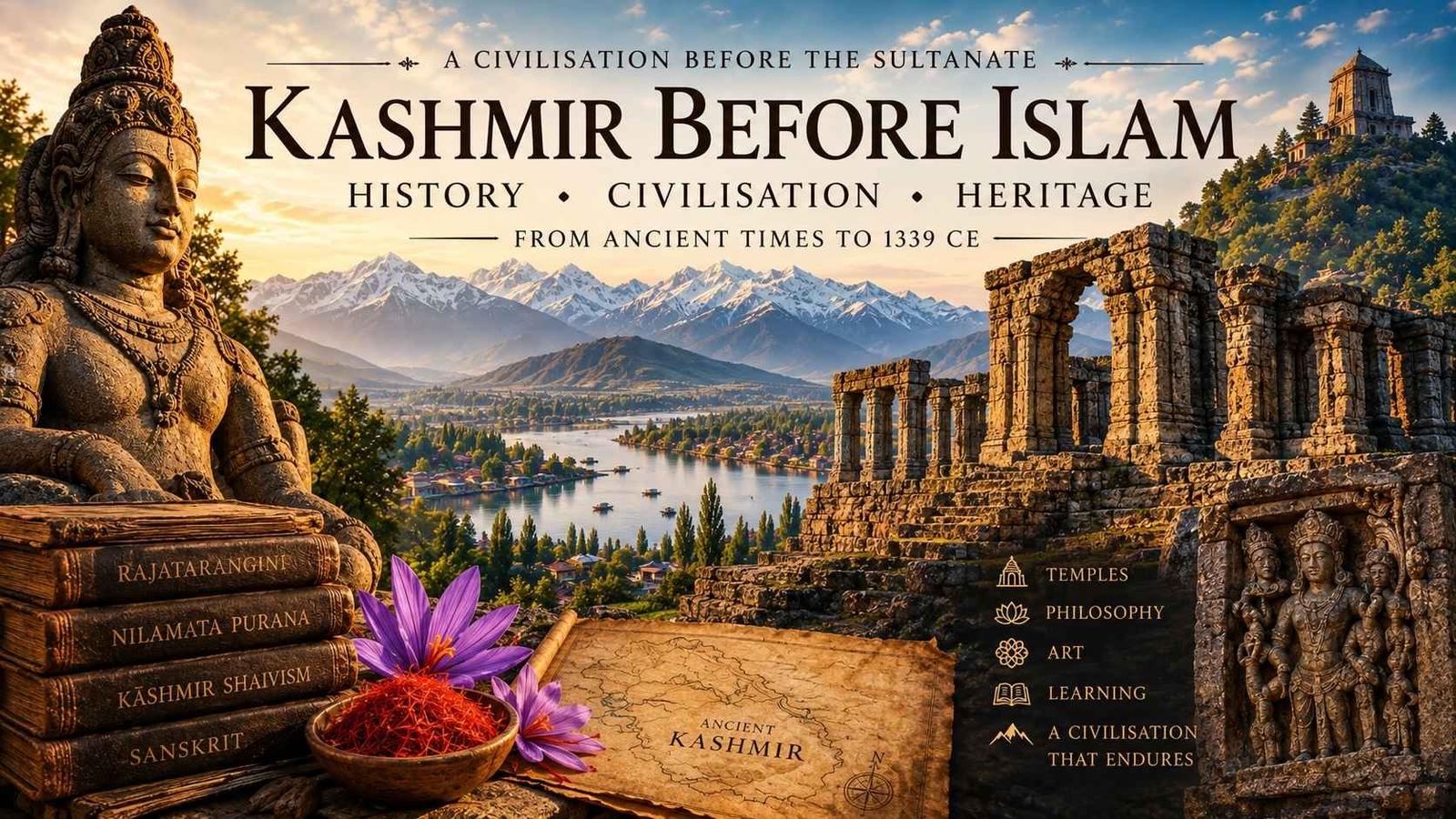 Ancient Kashmir before Islam featuring the Martand Sun Temple, a serene deity sculpture, the Himalayan mountains, Dal Lake, saffron flowers, ancient Sanskrit manuscripts and an illustrated map representing the history and civilisation of pre-Islamic Kashmir.