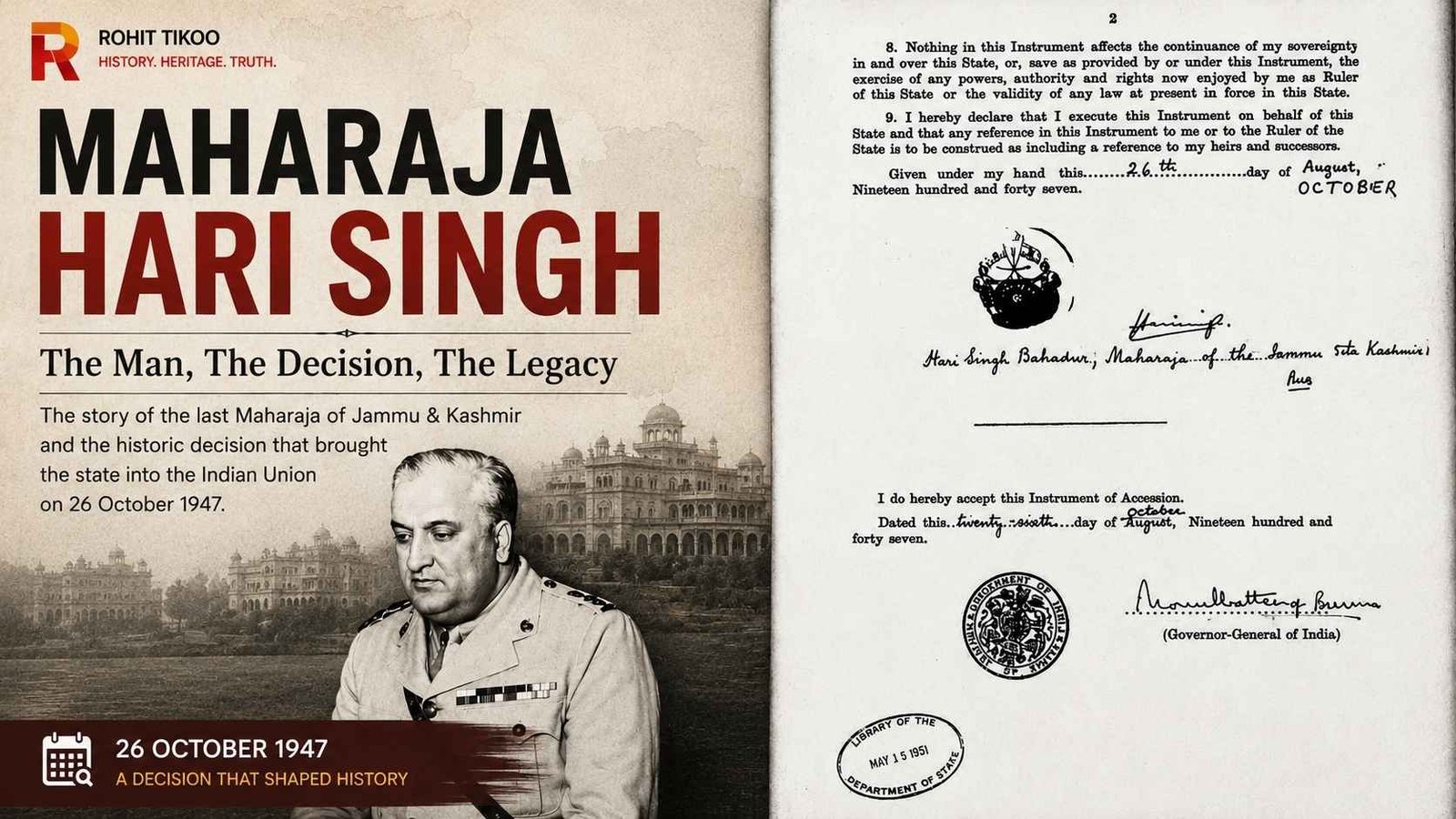 Maharaja Hari Singh feature image with an archival scan of the Instrument of Accession dated 26 October 1947, highlighting his historic decision concerning Jammu and Kashmir.