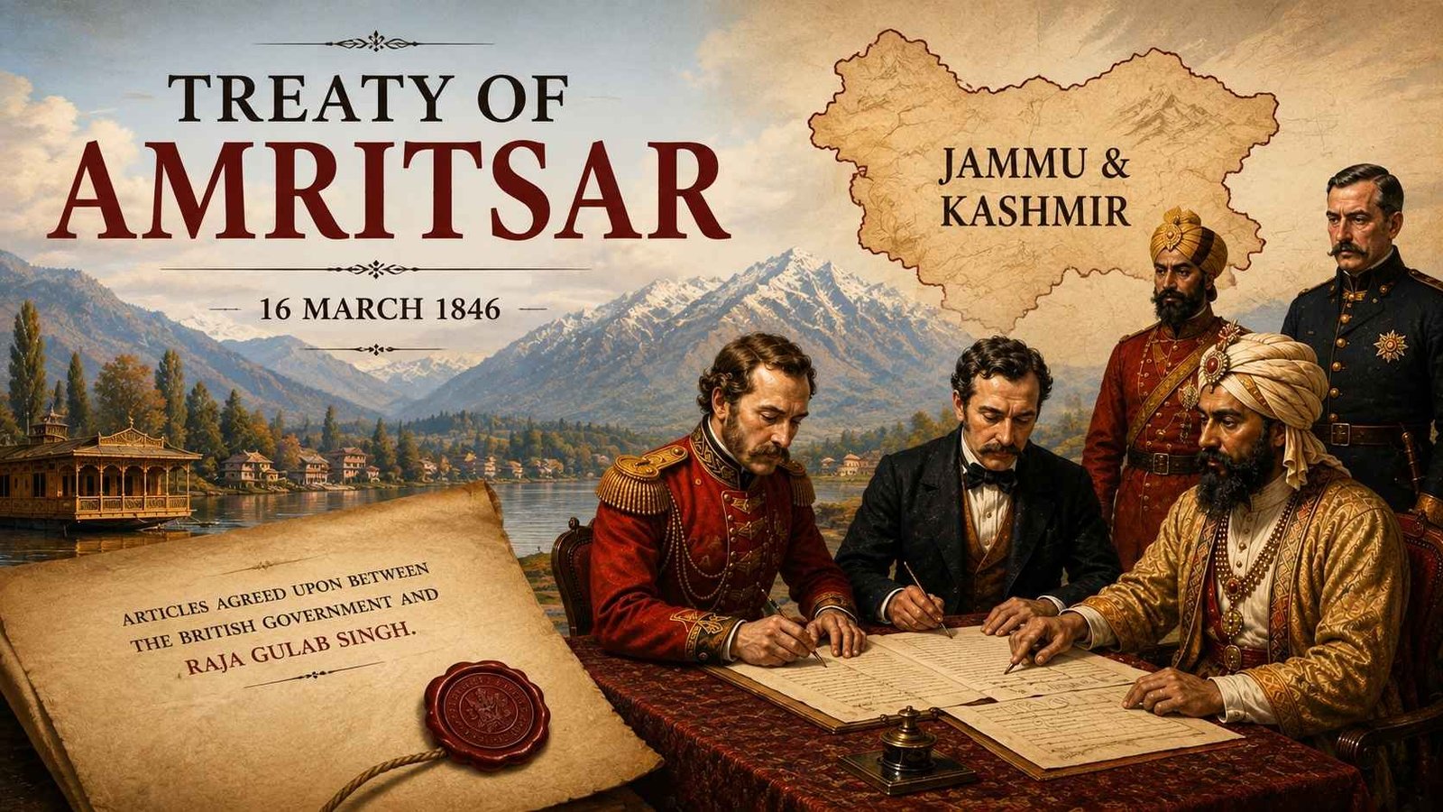 AI-generated historical illustration of the Treaty of Amritsar signed on 16 March 1846, showing British officials and Raja Gulab Singh signing the treaty against a Kashmir landscape.
