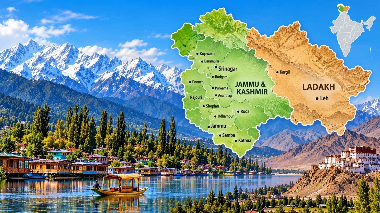 Jammu and Kashmir Reorganisation Act, 2019, showing Jammu and Kashmir and Ladakh as separate Union Territories within India.
